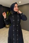 İncili Tüllü Taşlı Abaya Siyah