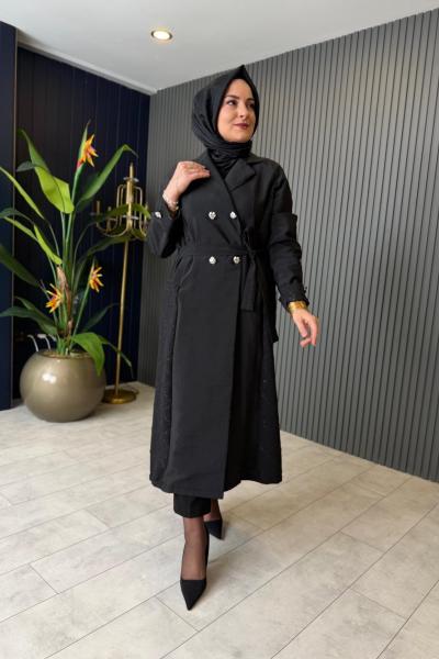 Jakar Detaylı Çift Düğme Trenç-Kap