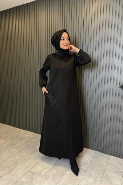 Kapitone Garnili Elbise Siyah