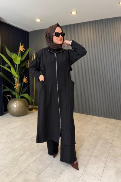 Kapüşonu Ve Önü Fermuarlı Keten Kap