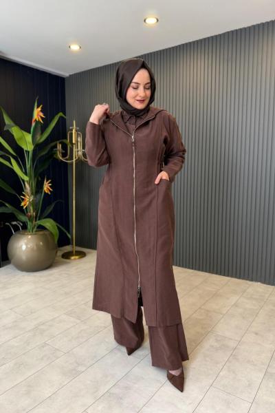 Kapüşonu Ve Önü Fermuarlı Keten Kap