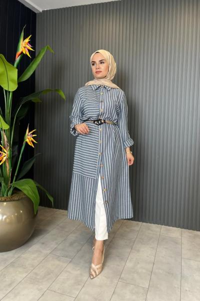 Keten Çizgili Uzun Gömlek