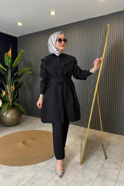 Keten Kupra Bağcık Detaylı Pantolonlu Takım