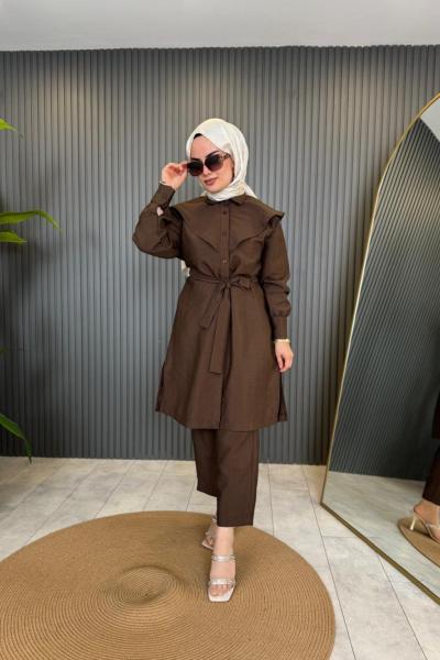 Keten Kupra Bağcık Detaylı Pantolonlu Takım