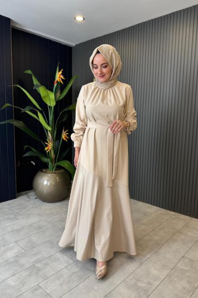 Kiana Deri Detaylı Krep Elbise