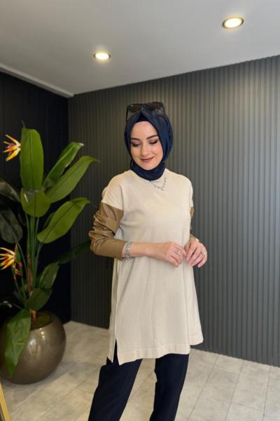 Kolları Deri Detaylı Tunik