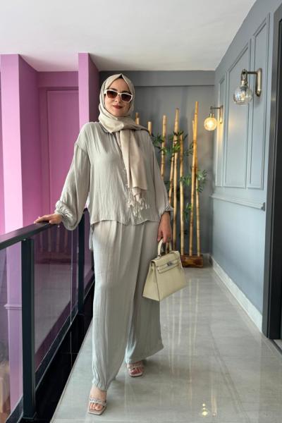 Kolları Lastikli Memory Kupra Pantolonlu Takım