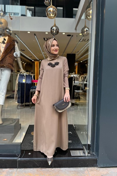 Kolları Triko Tencel Basic Elbise Vizon