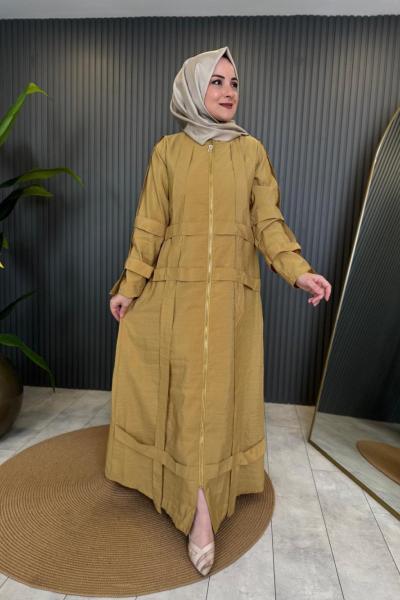 Kolu Ve Ön Bedeni Kafes Detaylı Fermuarlı Ferace