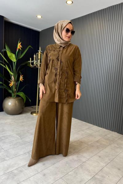 Lase Nakışlı Nubuk Pantolonlu Takım