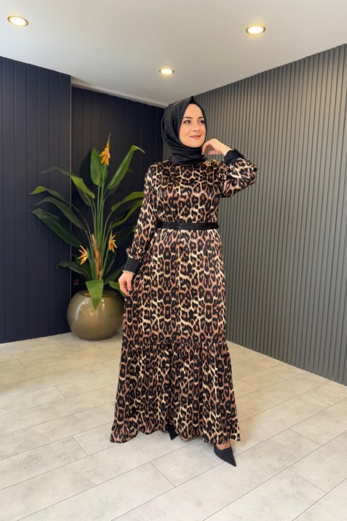 Leopar Detaylı Saten Elbise