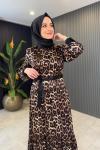 Leopar Detaylı Saten Elbise