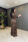 Leopar Detaylı Saten Elbise