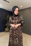 Leopar Detaylı Saten Elbise