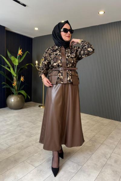 Leopar Ve Deri Detaylı Etekli Takım