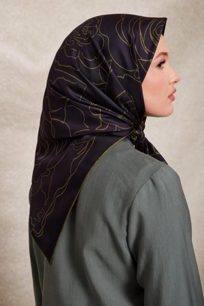 Levidor Lacivert Gül Desen Twill İpek Eşarp