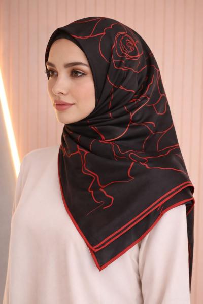 Levidor Siyah Gül Desen Twill İpek Eşarp