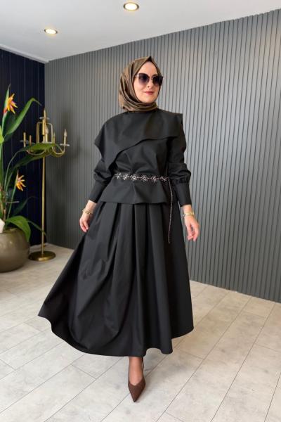 Levidor Yaka Detaylı Kemer Aksesuarlı Etekli Takım