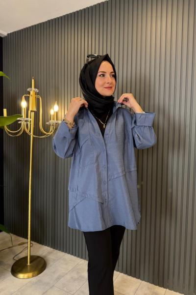 Önden Düğmeli Uzun Cep Detaylı Tunik