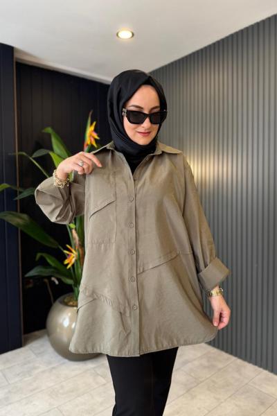 Önden Düğmeli Uzun Cep Detaylı Tunik