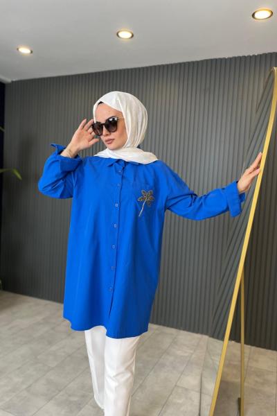 Palmiye İşlemeli Poplin Gömlek