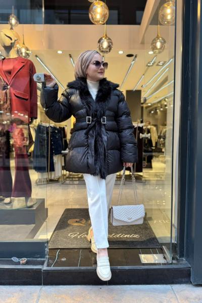 Peluş Detaylı Bel Bağlama Detaylı Şişme Mont