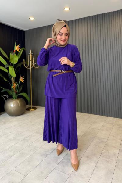 Piliseli Pantolonlu Takım Mor