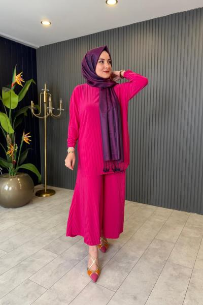 Piliseli Pantolonlu Takım Fuşya