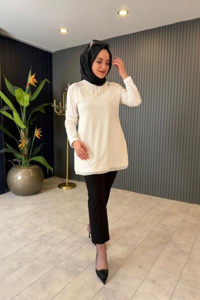 Şifon Taş Detaylı Uzun Kollu İçlik Tunik