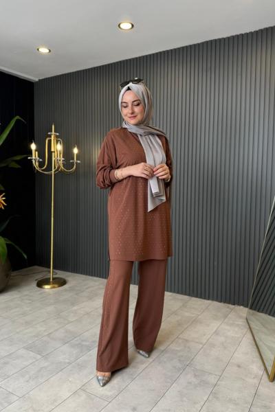 Taş Baskılı İkili Pantolonlu Takım