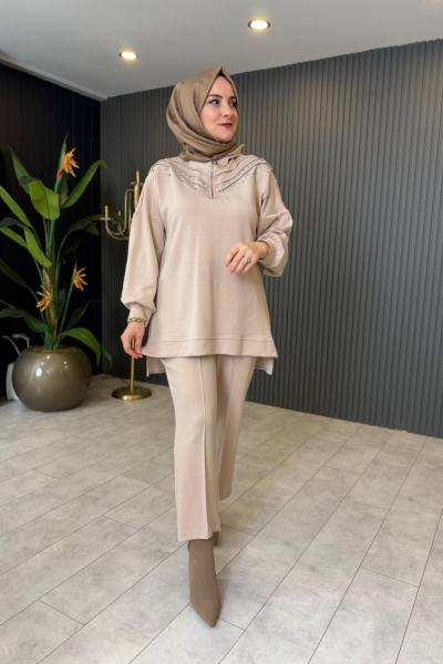 Taş Detaylı Fermuarlı Pantolon Takım