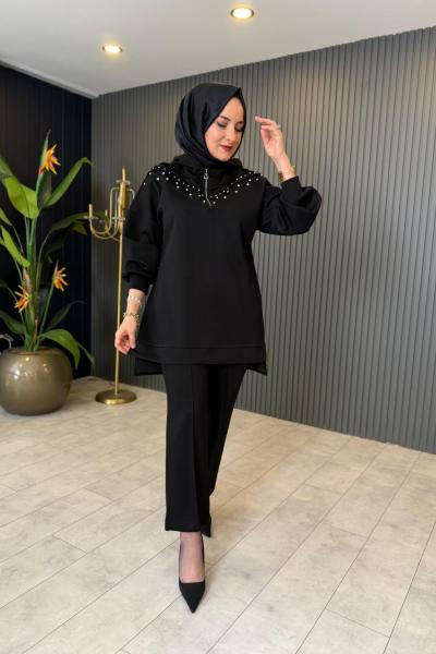 Taş Detaylı Fermuarlı Pantolon Takım