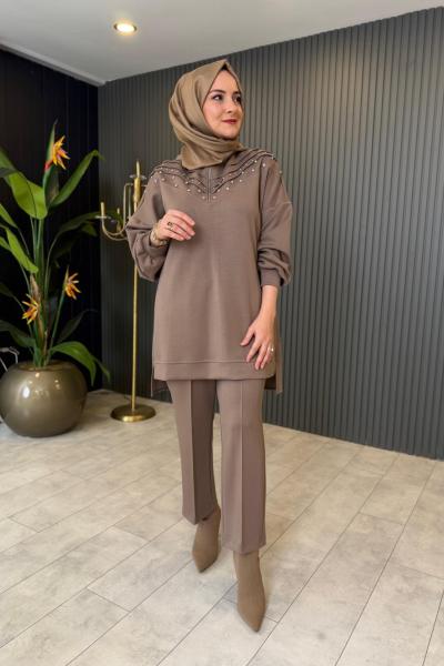 Taş Detaylı Fermuarlı Pantolon Takım