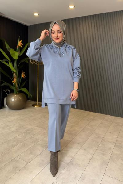 Taş Detaylı Fermuarlı Pantolon Takım