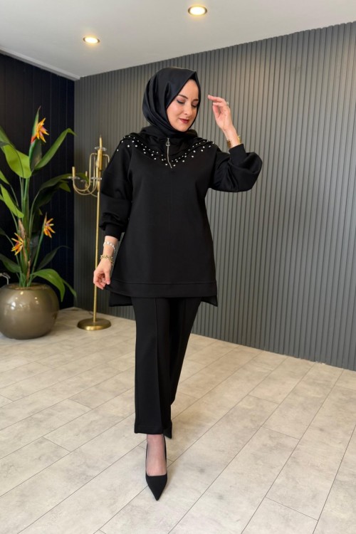 Taş Detaylı Fermuarlı Pantolon Takım