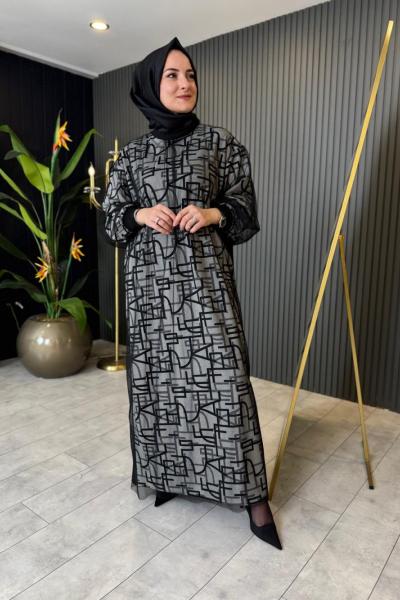 Tül Detaylı Baskılı Triko Elbise