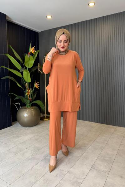 Tuniği Cep Detaylı Pantolonlu Takım Kavun İçi