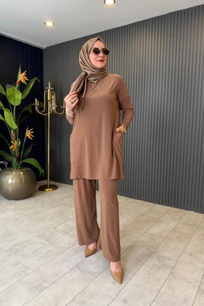 Tuniği Cep Detaylı Pantolonlu Takım Camel