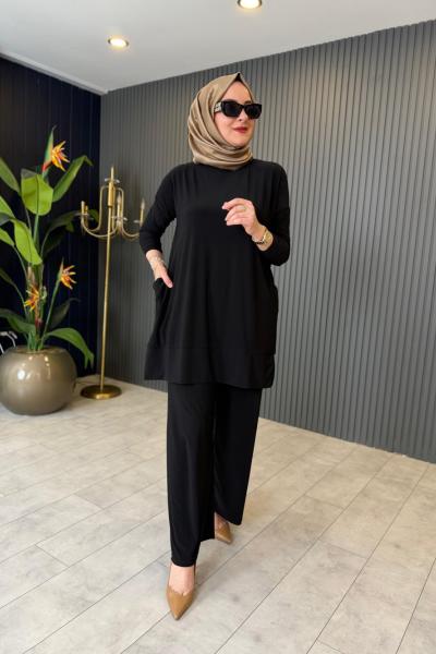 Tuniği Cep Detaylı Pantolonlu Takım Siyah