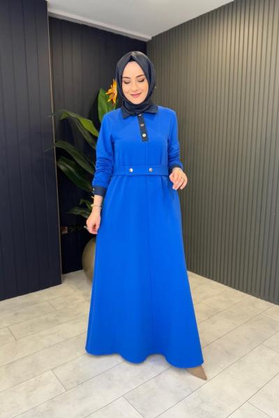 Yakası Cıtcıtlı Elbise Mavi