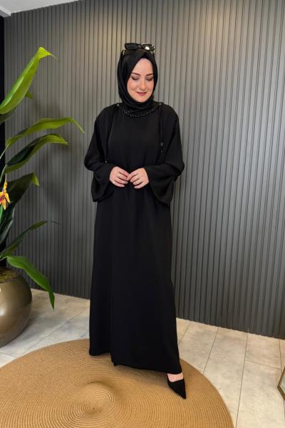 Yakası İnci Detaylı Vien Elbise