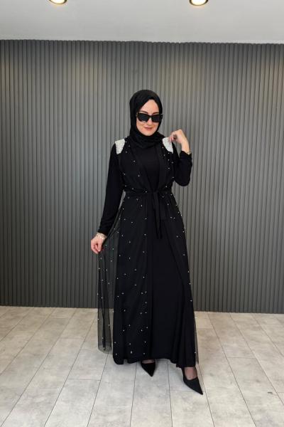 Yelekli İnçili Abaya Takım Siyah