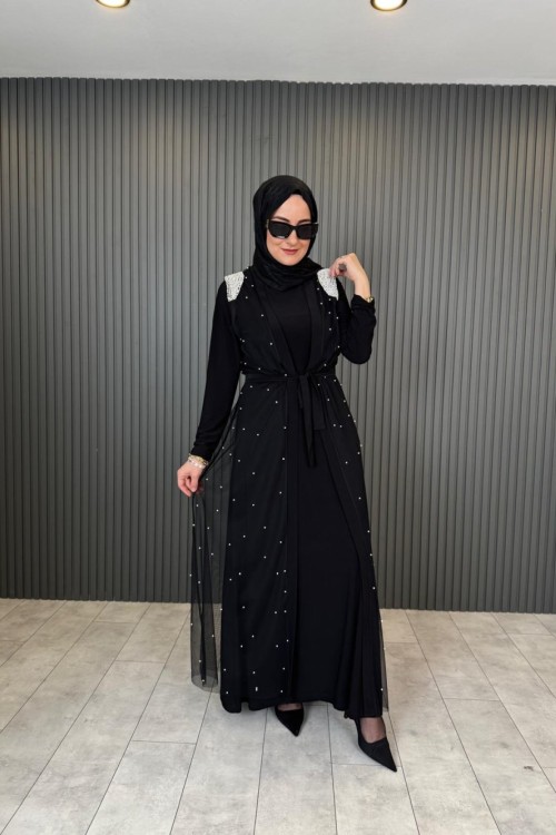 Yelekli İncili Abaya Takım Siyah