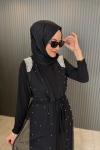 Yelekli İncili Abaya Takım Siyah