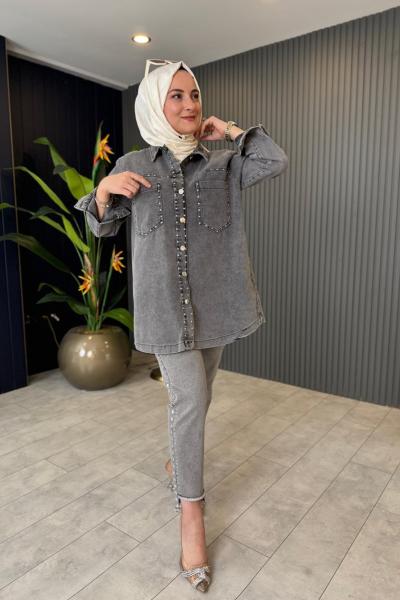 Zımba Baskılı Kot Ceket