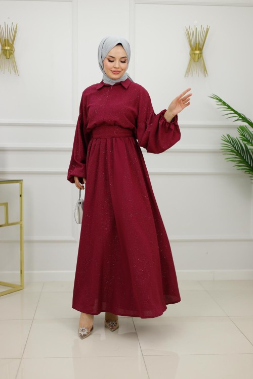 IŞILTI ELBİSE-BORDO Bordo