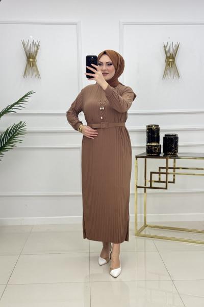 NAZLI PİLİSELİ ELBİSE-SÜTLÜ KAHVE Sütlü Kahve