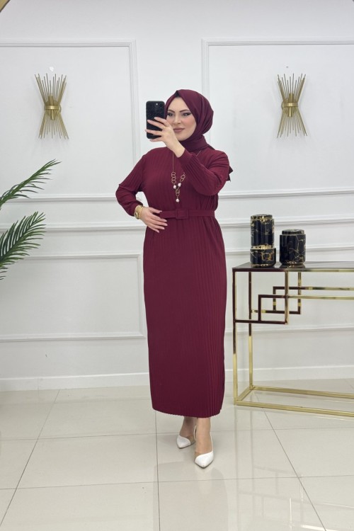 NAZLI PİLİSE ELBİSE-BORDO Bordo
