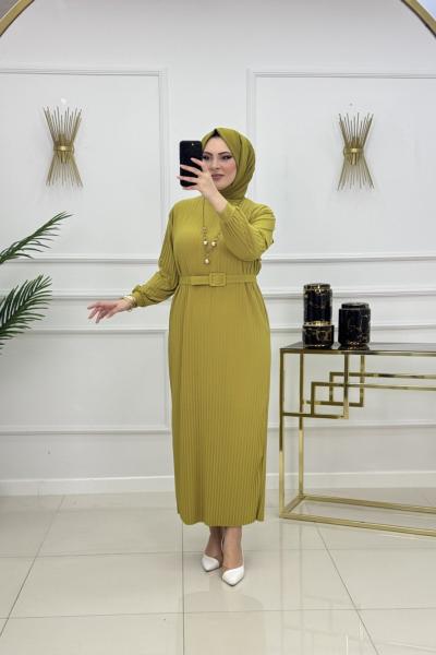 NAZLI PİLİSELİ ELBİSE-YAĞ YEŞİLİ Yağ Yeşili