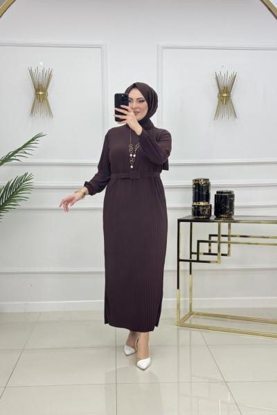 NAZLI PİLİSELİ ELBİSE-ACI KAHVE Acı Kahve